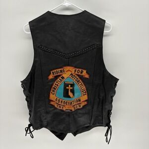 Vintage 80s MOB Leather Motorcycle Vest Lace Button Snap Biker Retro Men L